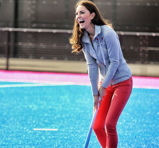 LONDON, ENGLAND - MARCH 15:  Catherine, Duchess of Cambridge plays hockey with the GB hockey teams at the Riverside Arena in the Olympic Park on March 15, 2012 in London, England. The Duchess of Cambridge viewed the Olympic park as well as meeting members of the men's and women's GB Hockey teams.  (Photo by Chris Jackson - WPA Pool /Getty Images)